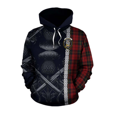Tartan Vibes Clothing Wallace Tartan Cotton Hoodie with Family Crest Cross Sword Thistle Celtic Vibes