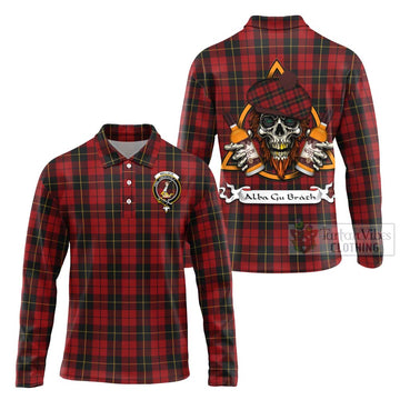 Tartan Vibes Clothing Wallace Tartan Long Sleeve Polo Shirt with Family Crest and Bearded Skull Holding Bottles of Whiskey