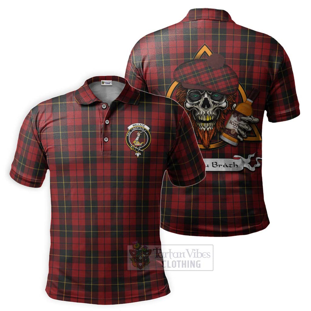 Tartan Vibes Clothing Wallace Tartan Polo Shirt with Family Crest and Bearded Skull Holding Bottles of Whiskey