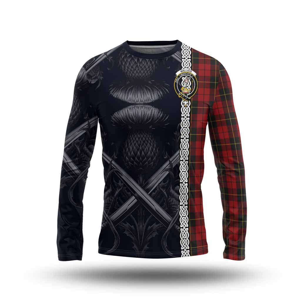 Tartan Vibes Clothing Wallace Tartan Long Sleeve T-Shirt with Family Crest Cross Sword Thistle Celtic Vibes