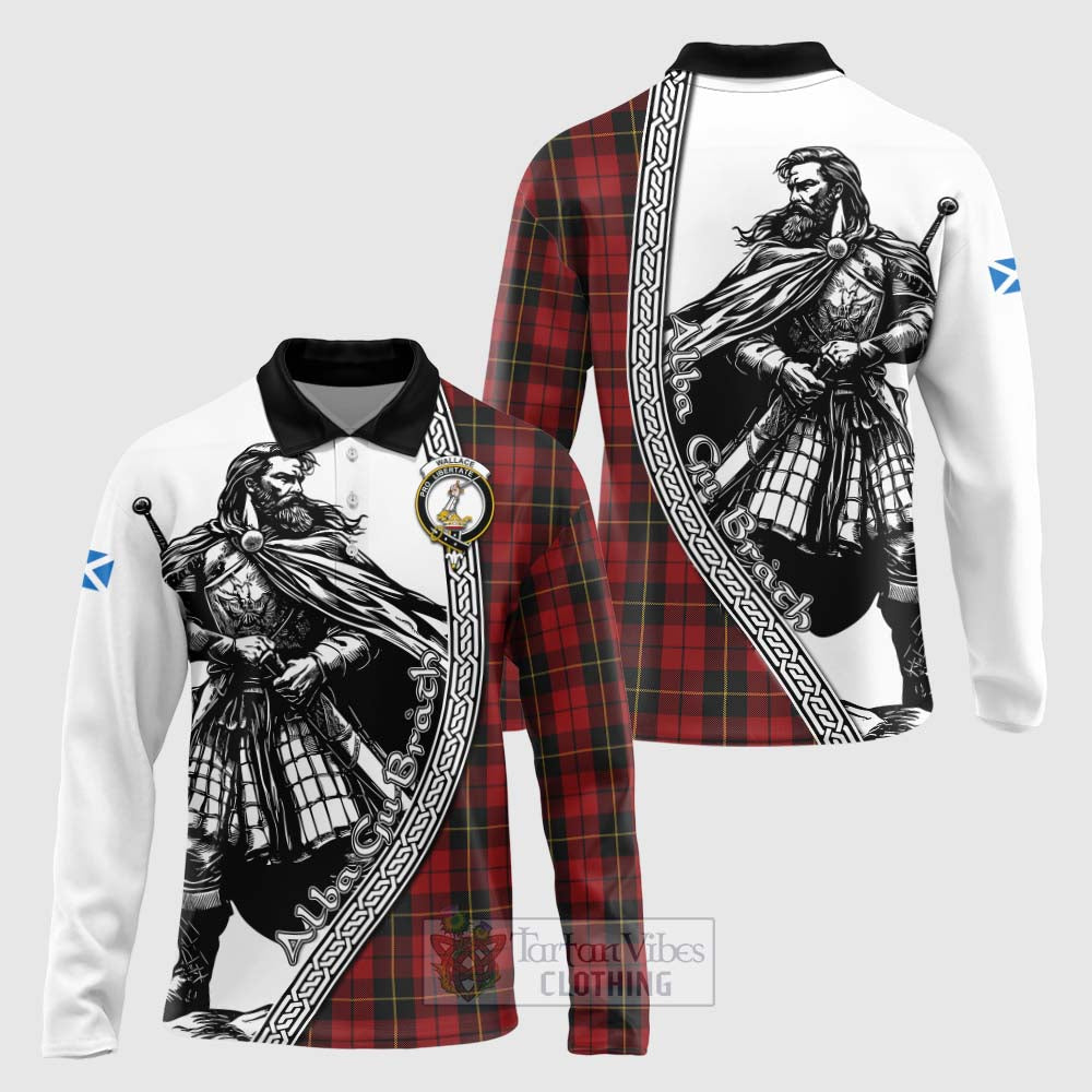 Tartan Vibes Clothing Wallace Tartan Clan Crest Long Sleeve Polo Shirt with Highlander Warrior Celtic Style