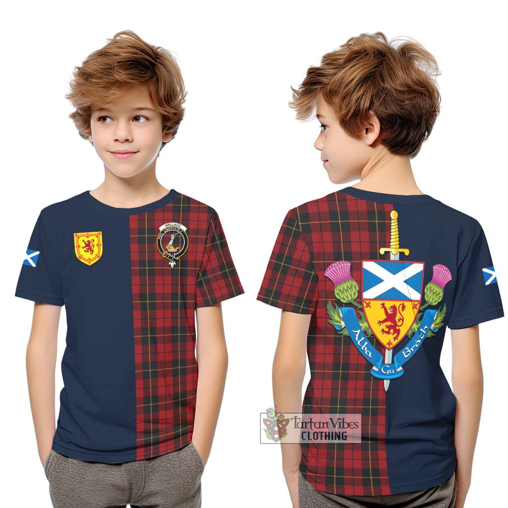 Tartan Vibes Clothing Wallace Tartan Kid T-Shirt with Scottish Lion Royal Arm Half Style