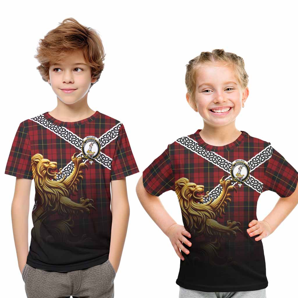 Tartan Vibes Clothing Wallace Crest Tartan Kid T-Shirt with Golden Lion Emblem Celtic Style