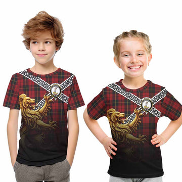 Tartan Vibes Clothing Wallace Crest Tartan Kid T-Shirt with Golden Lion Emblem Celtic Style