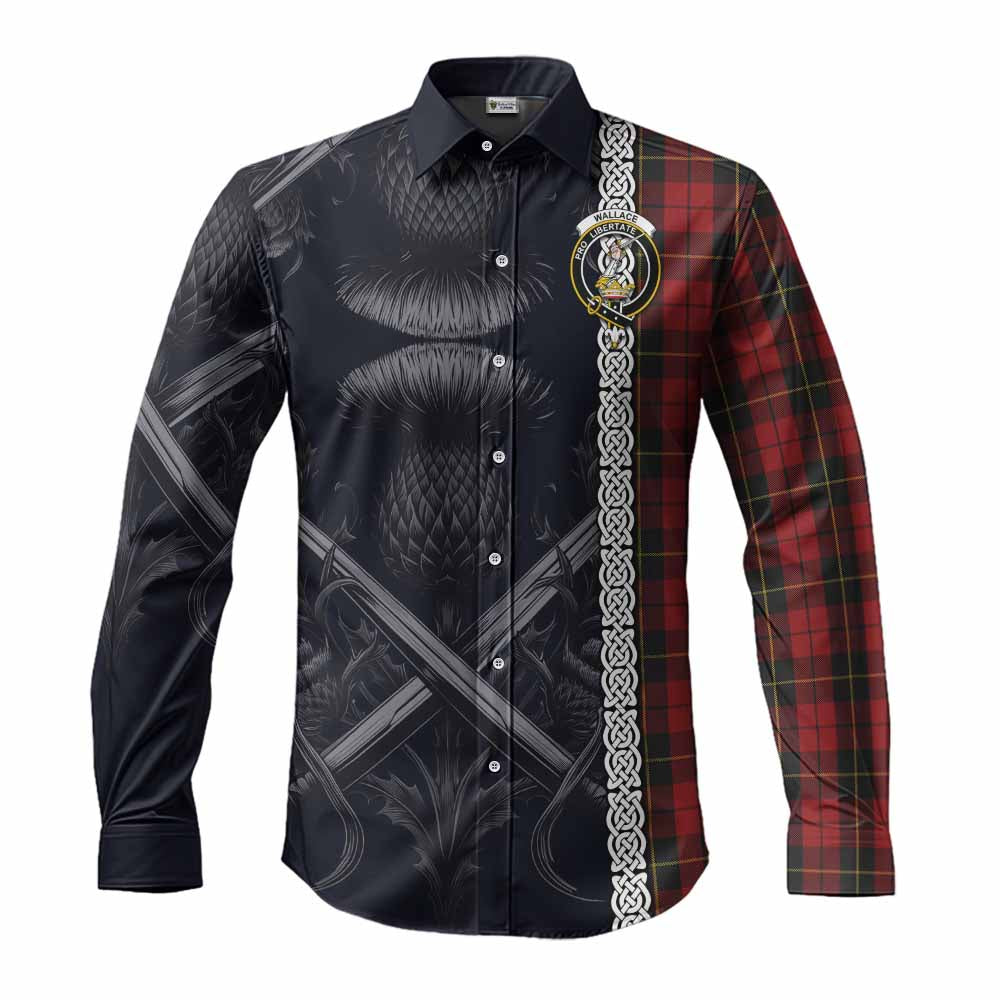 Tartan Vibes Clothing Wallace Tartan Long Sleeve Button Shirt with Family Crest Cross Sword Thistle Celtic Vibes