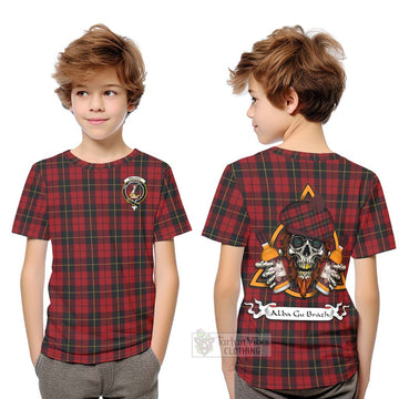 Tartan Vibes Clothing Wallace Tartan Kid T-Shirt with Family Crest and Bearded Skull Holding Bottles of Whiskey