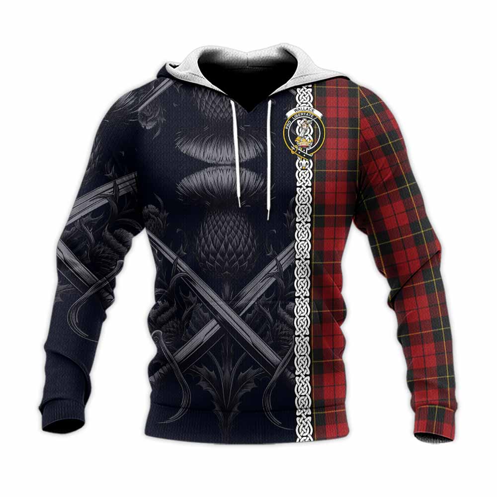 Tartan Vibes Clothing Wallace Tartan Knitted Hoodie with Family Crest Cross Sword Thistle Celtic Vibes