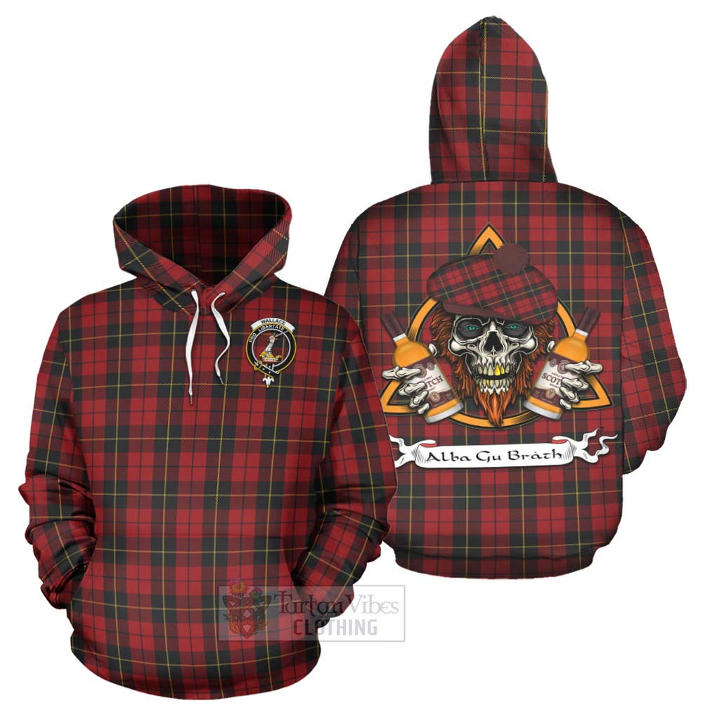 Tartan Vibes Clothing Wallace Tartan Hoodie with Family Crest and Bearded Skull Holding Bottles of Whiskey