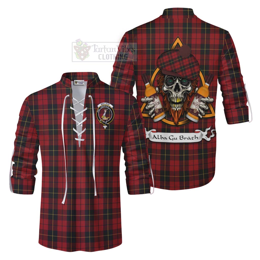 Tartan Vibes Clothing Wallace Tartan Ghillie Kilt Shirt with Family Crest and Bearded Skull Holding Bottles of Whiskey