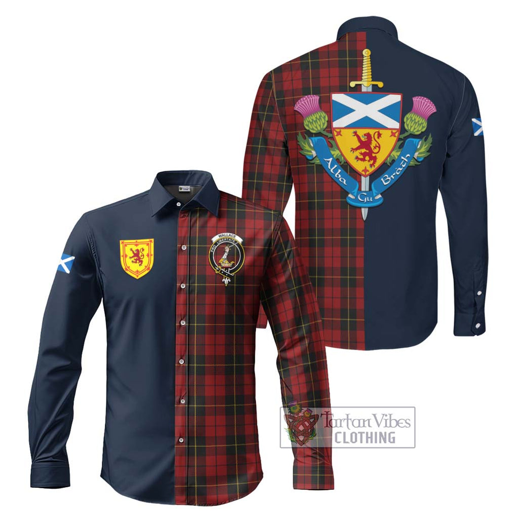 Tartan Vibes Clothing Wallace Tartan Long Sleeve Button Shirt with Scottish Lion Royal Arm Half Style