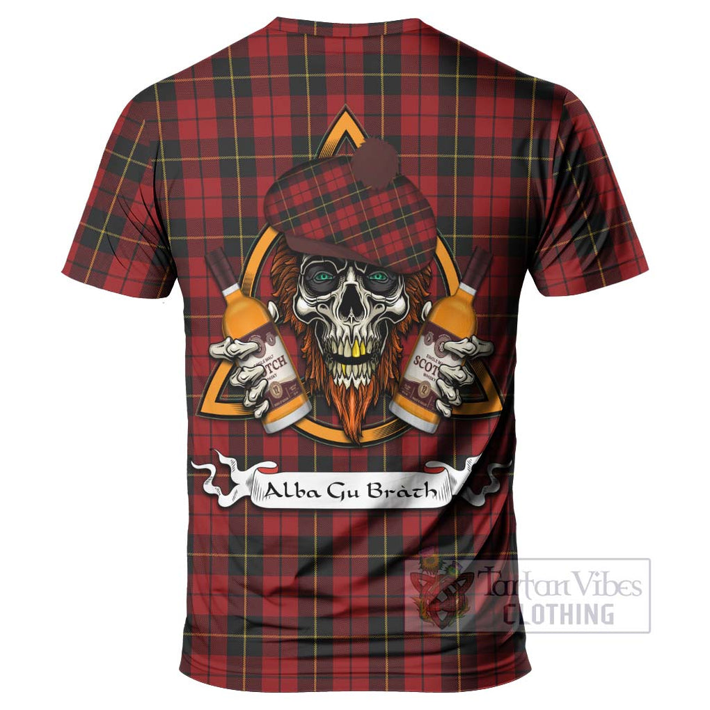 Tartan Vibes Clothing Wallace Tartan T-Shirt with Family Crest and Bearded Skull Holding Bottles of Whiskey