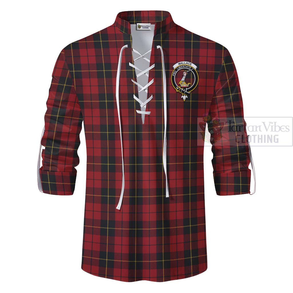 Tartan Vibes Clothing Wallace Tartan Ghillie Kilt Shirt with Family Crest and Bearded Skull Holding Bottles of Whiskey