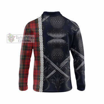 Wallace Tartan Long Sleeve Polo Shirt with Family Crest Cross Sword Thistle Celtic Vibes