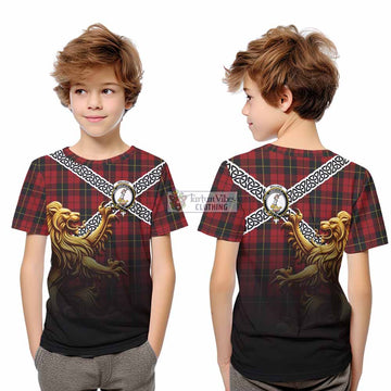 Tartan Vibes Clothing Wallace Crest Tartan Kid T-Shirt with Golden Lion Emblem Celtic Style