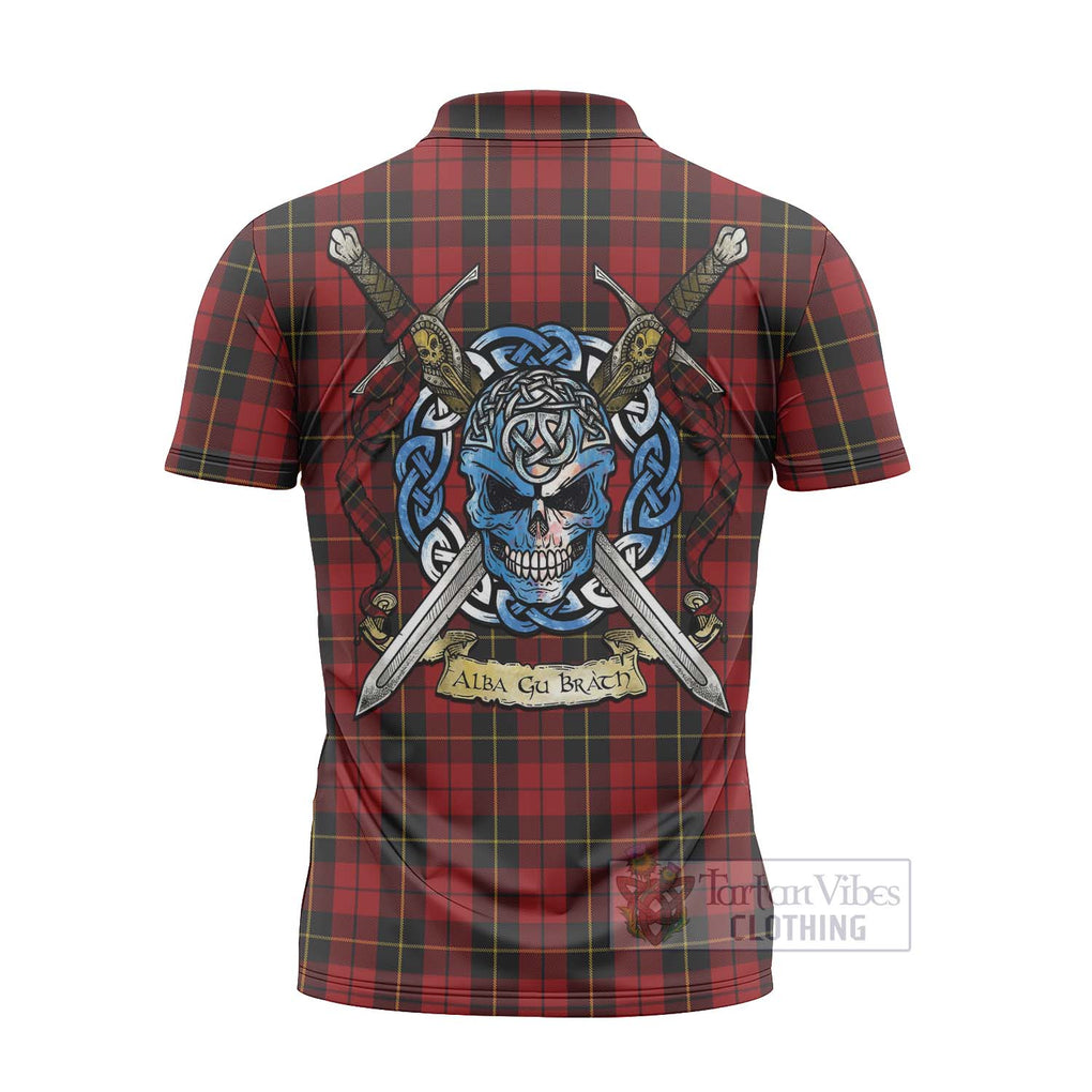 Tartan Vibes Clothing Wallace Tartan Zipper Polo Shirt with Family Crest Celtic Skull Style