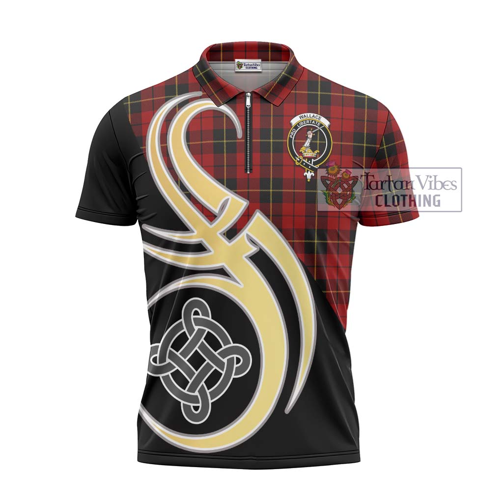 Tartan Vibes Clothing Wallace Tartan Zipper Polo Shirt with Family Crest and Celtic Symbol Style