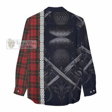 Tartan Vibes Clothing Wallace Tartan Women's Casual Shirt with Family Crest Cross Sword Thistle Celtic Vibes