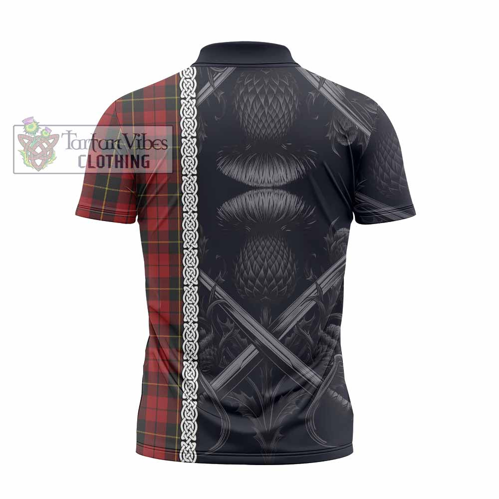Tartan Vibes Clothing Wallace Tartan Zipper Polo Shirt with Family Crest Cross Sword Thistle Celtic Vibes