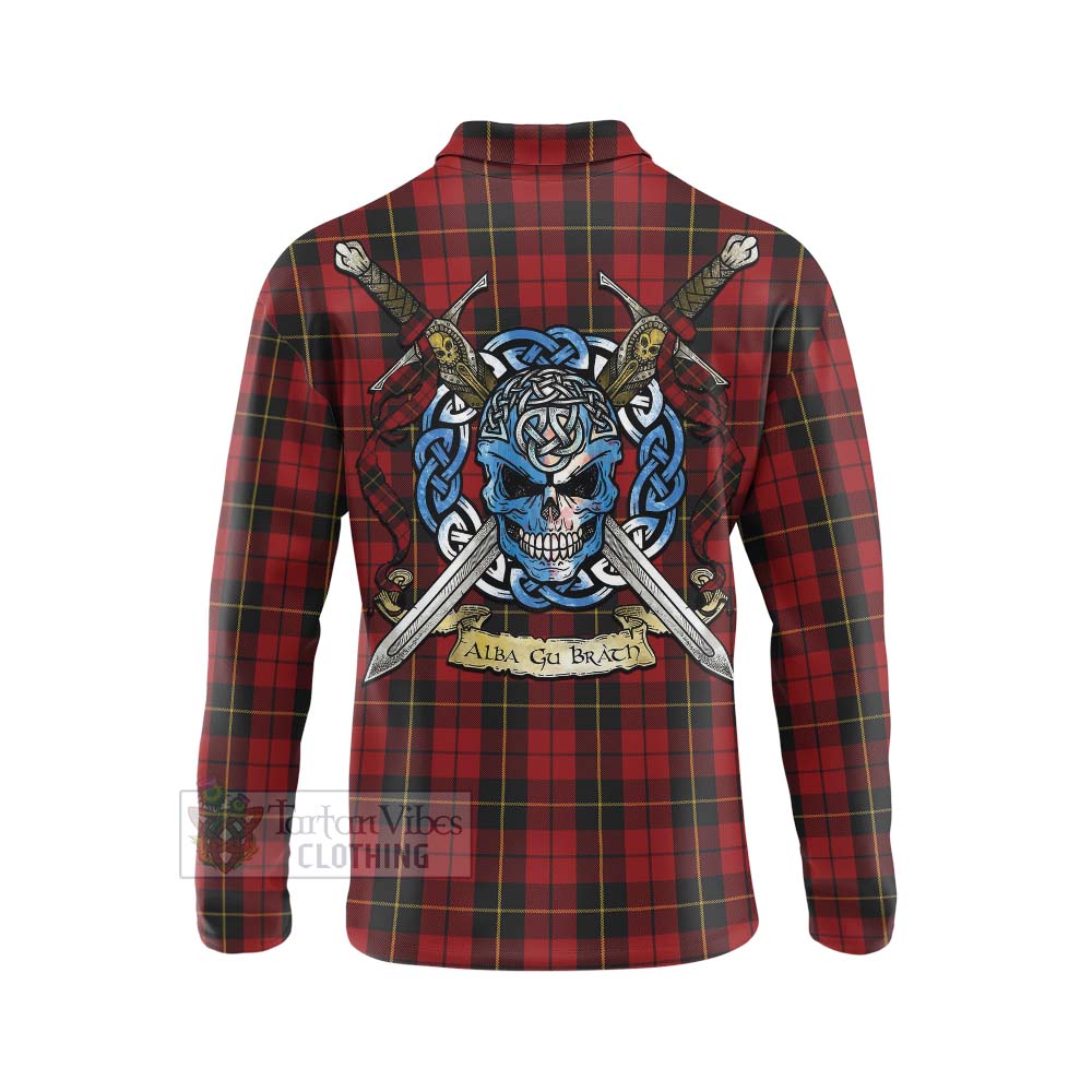 Tartan Vibes Clothing Wallace Tartan Long Sleeve Polo Shirt with Family Crest Celtic Skull Style
