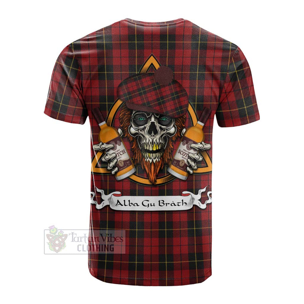 Tartan Vibes Clothing Wallace Tartan Cotton T-shirt with Family Crest and Bearded Skull Holding Bottles of Whiskey