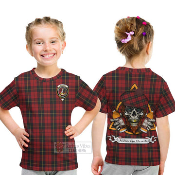 Tartan Vibes Clothing Wallace Tartan Kid T-Shirt with Family Crest and Bearded Skull Holding Bottles of Whiskey
