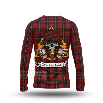 Tartan Vibes Clothing Wallace Tartan Long Sleeve T-Shirt with Family Crest and Bearded Skull Holding Bottles of Whiskey