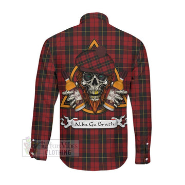 Tartan Vibes Clothing Wallace Tartan Long Sleeve Button Shirt with Family Crest and Bearded Skull Holding Bottles of Whiskey