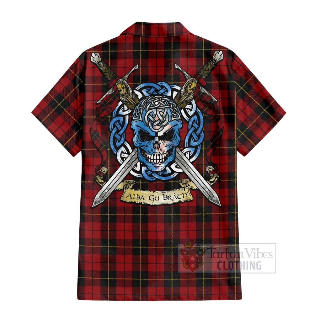 Tartan Vibes Clothing Wallace Tartan Short Sleeve Button Shirt with Family Crest Celtic Skull Style