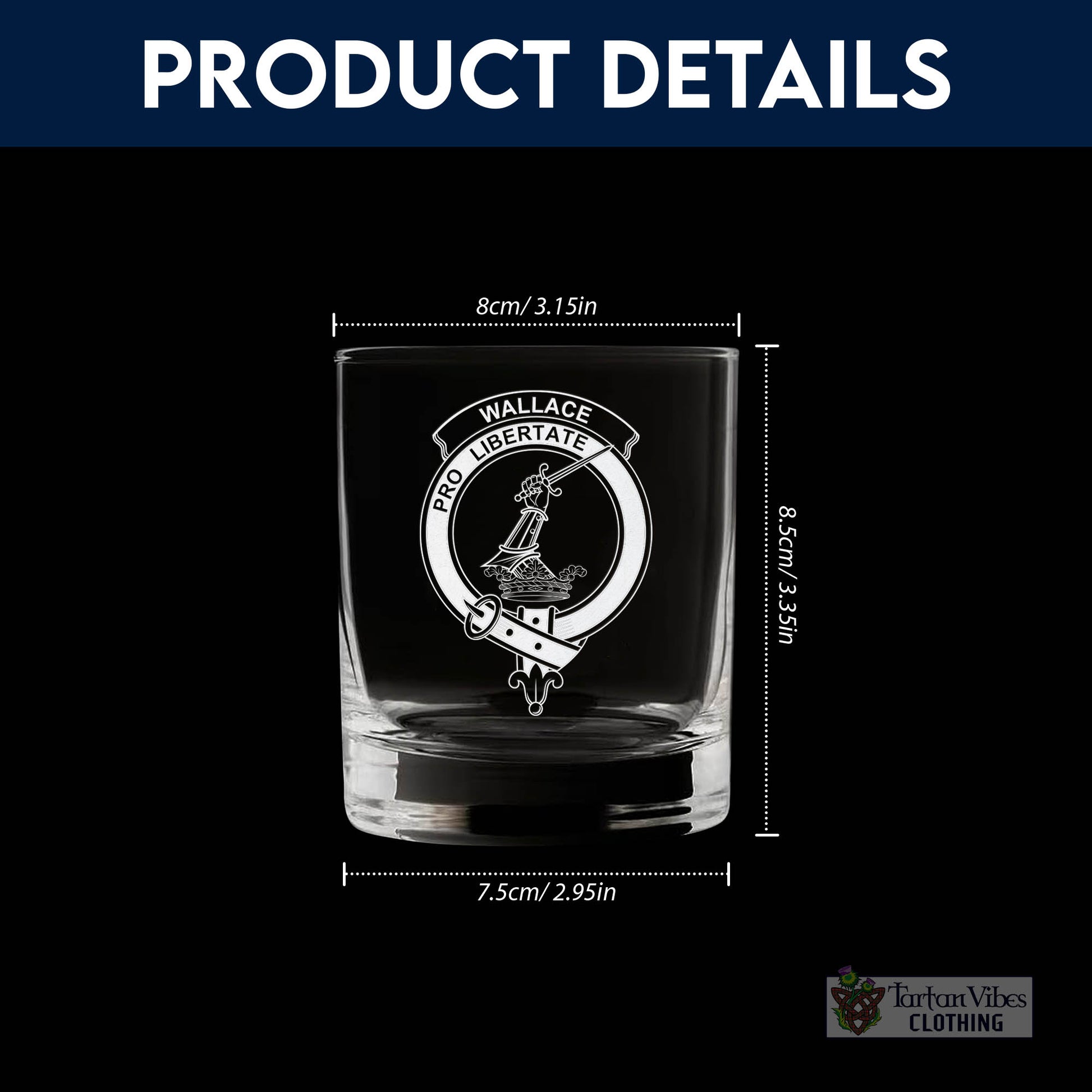 Tartan Vibes Clothing Wallace Family Crest Engraved Whiskey Glass with Handle