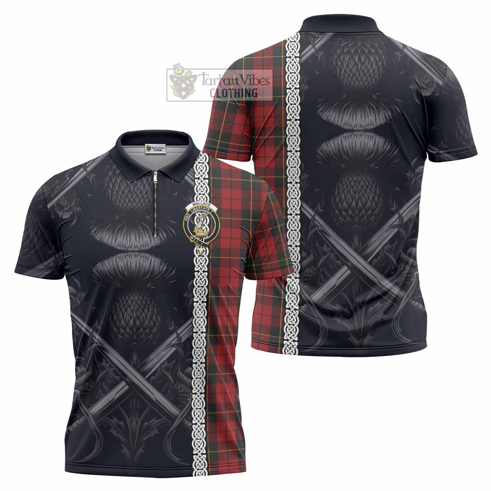 Tartan Vibes Clothing Wallace Tartan Zipper Polo Shirt with Family Crest Cross Sword Thistle Celtic Vibes