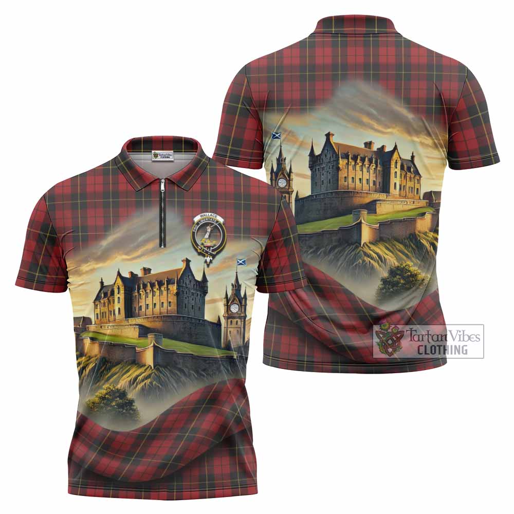 Tartan Vibes Clothing Wallace Tartan Family Crest Zipper Polo Shirt with Scottish Ancient Castle Stype