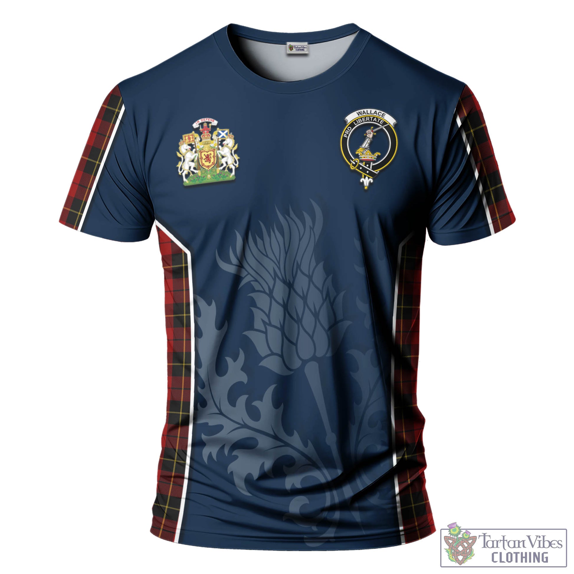 Tartan Vibes Clothing Wallace Tartan T-Shirt with Family Crest and Scottish Thistle Vibes Sport Style