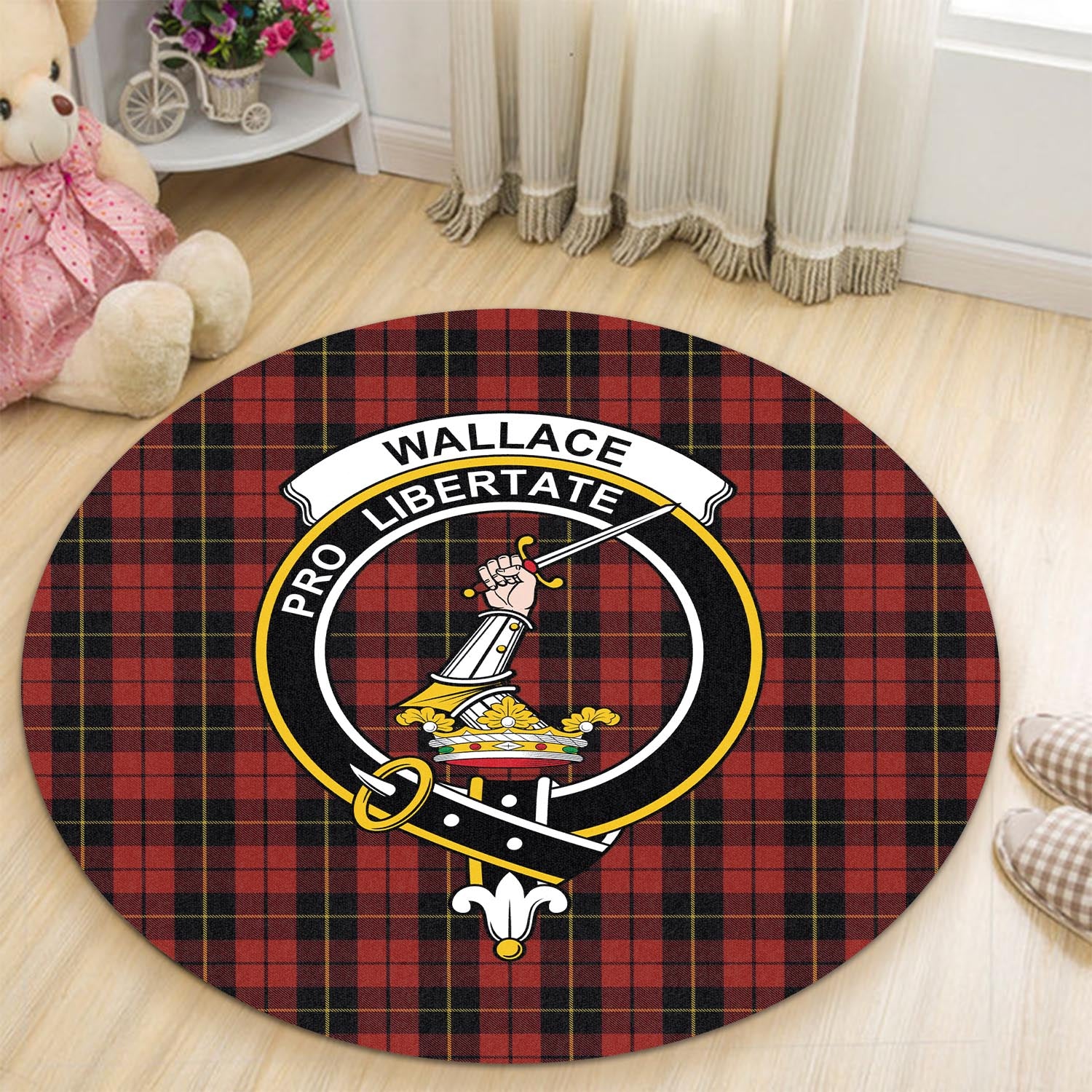 wallace-tartan-round-rug-with-family-crest