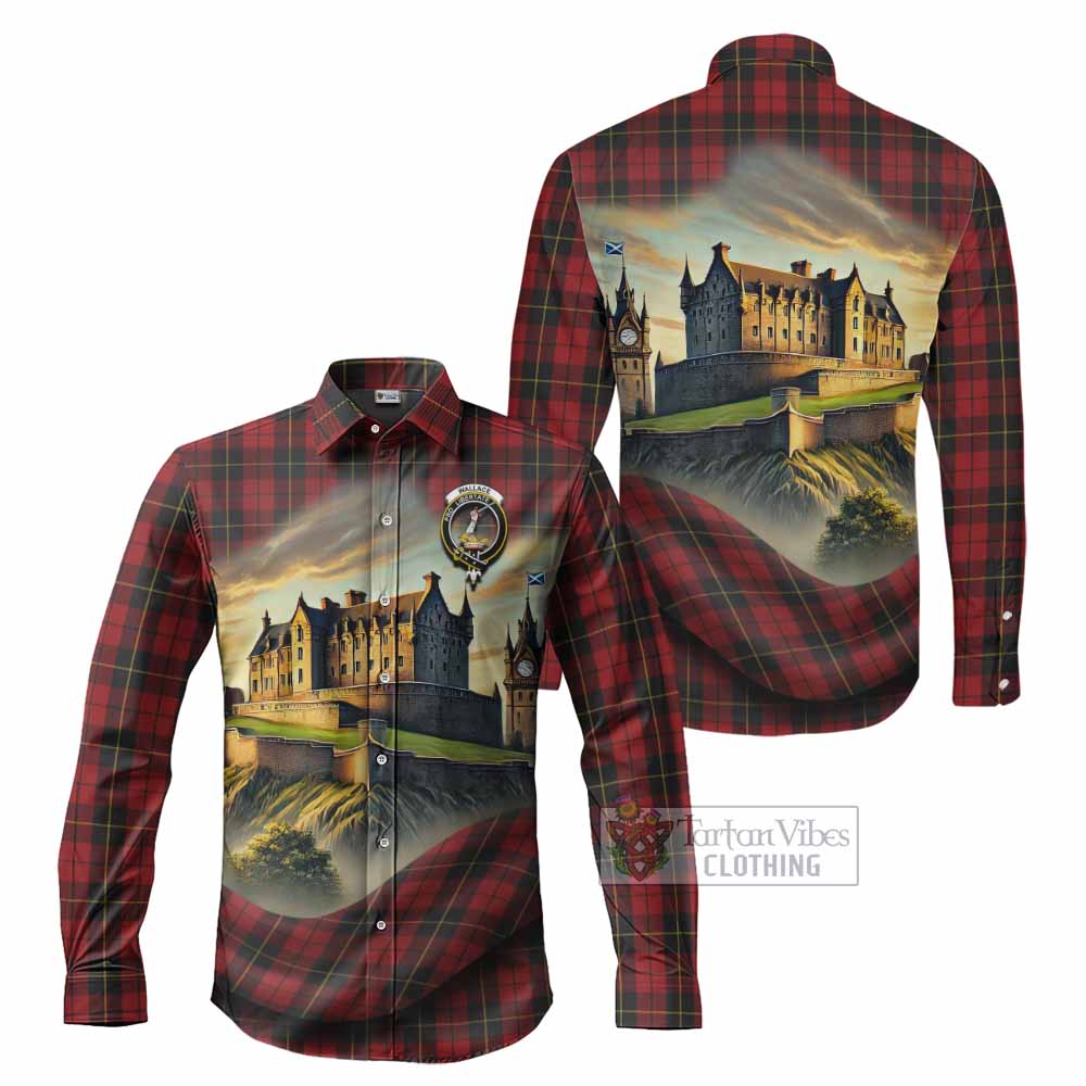 Tartan Vibes Clothing Wallace Tartan Family Crest Long Sleeve Button Shirt with Scottish Ancient Castle Style