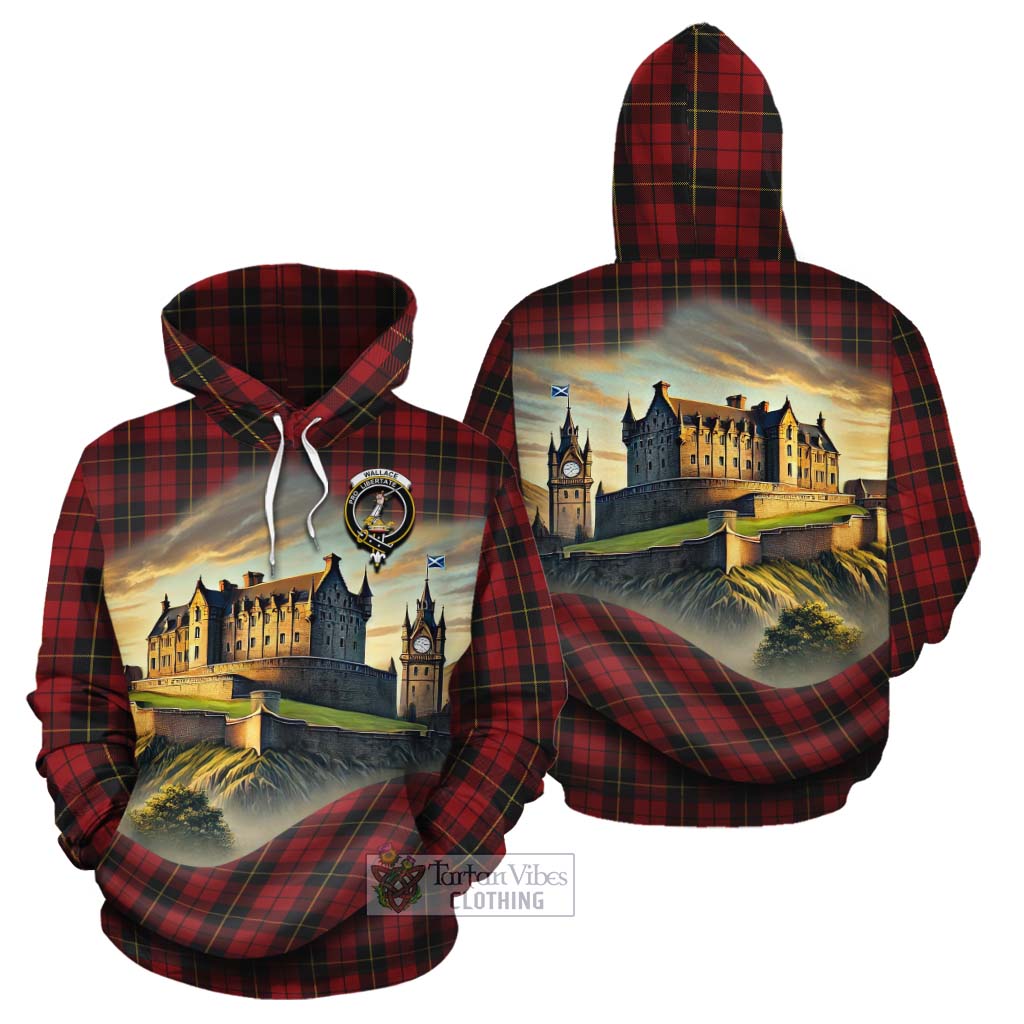 Tartan Vibes Clothing Wallace Tartan Family Crest Cotton Hoodie with Scottish Ancient Castle Style