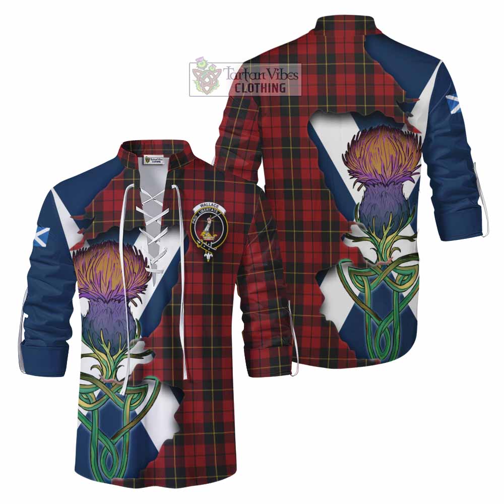 Tartan Vibes Clothing Wallace Tartan Family Crest Ghillie Kilt Shirt Scottish Thistle Celtic Inspired