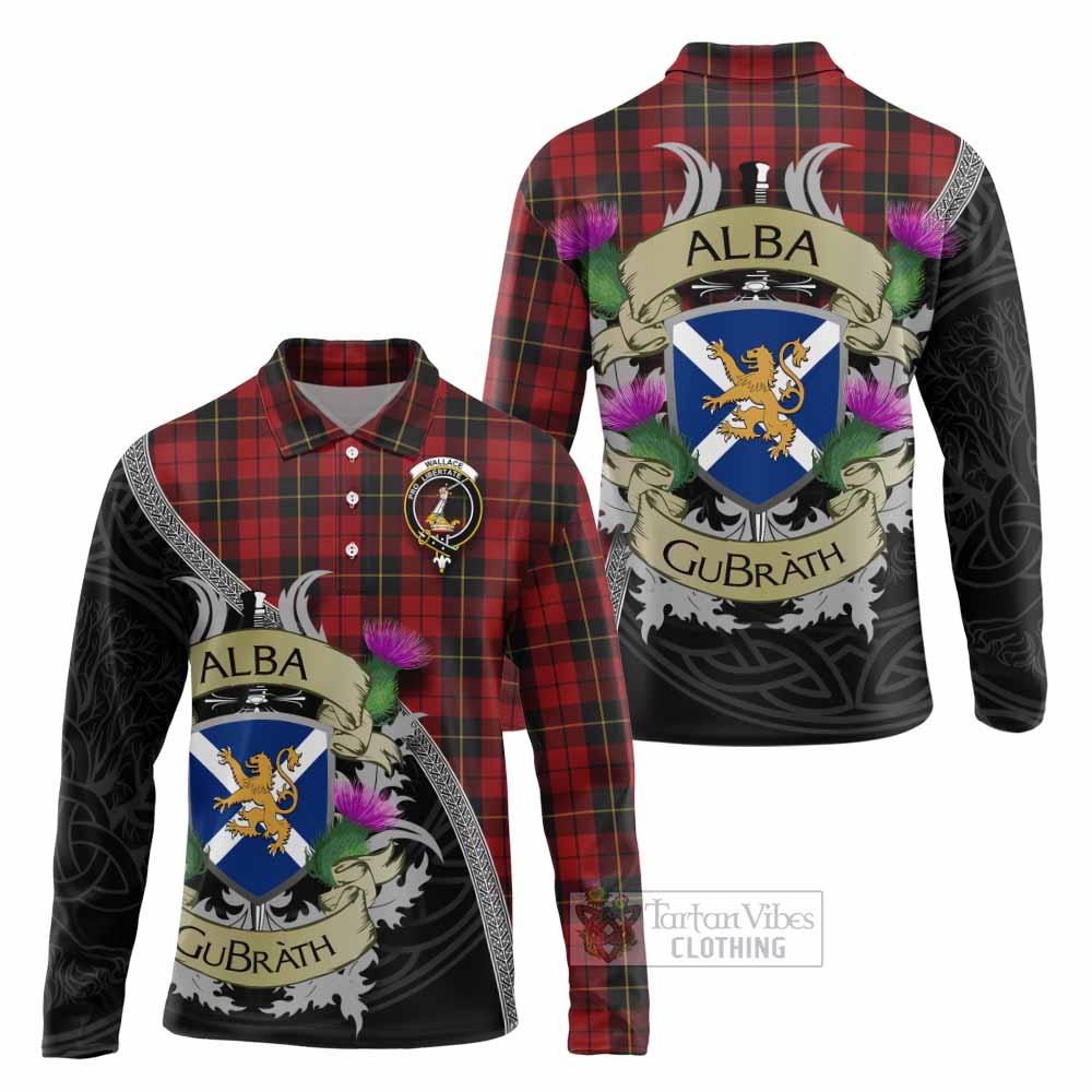 Tartan Vibes Clothing Wallace Tartan Family Crest Long Sleeve Polo Shirt Lion Rampant Royal Thistle Shield Celtic Inspired