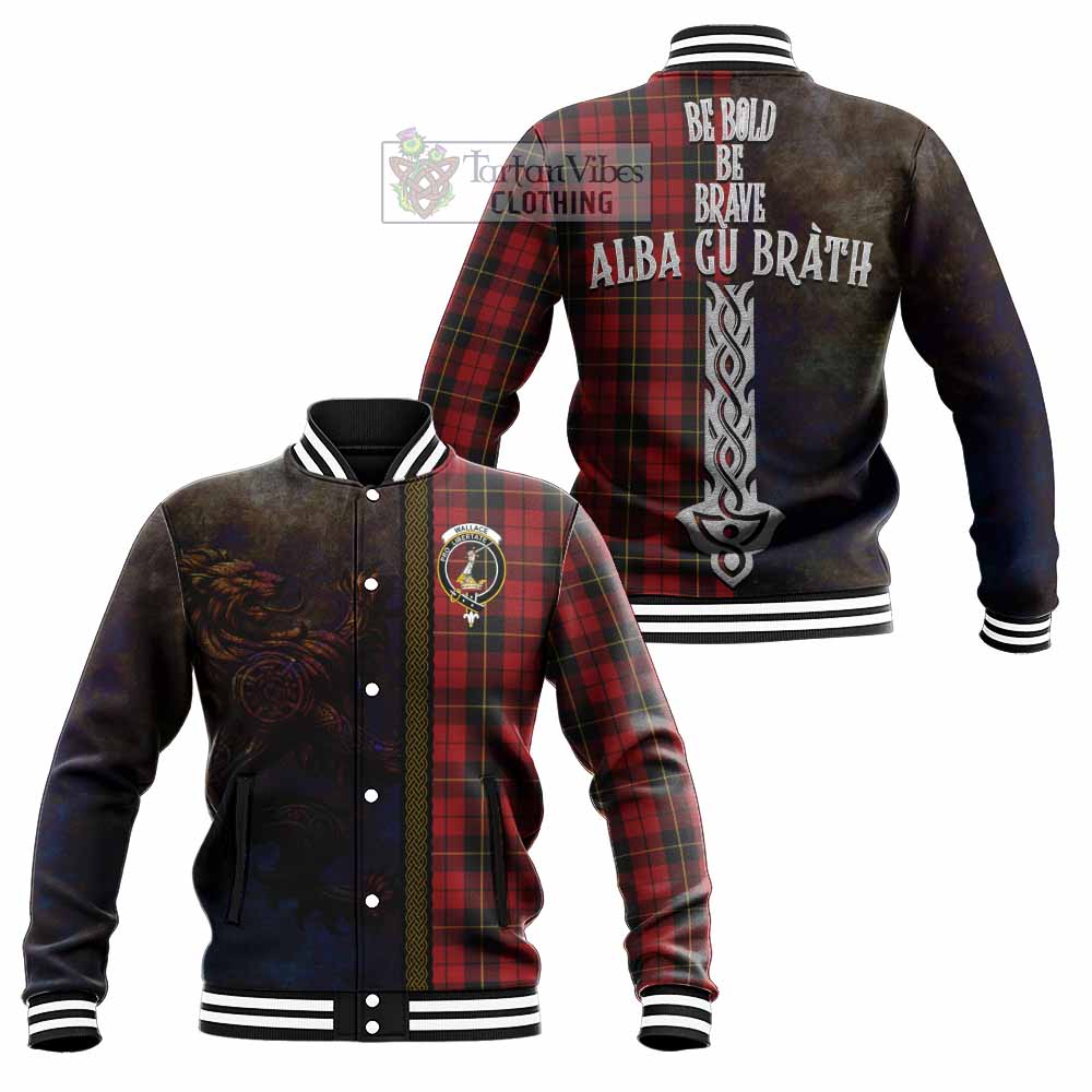 Tartan Vibes Clothing Wallace Tartan Family Crest Baseball Jacket Alba Gu Brath Be Brave Lion Ancient Style