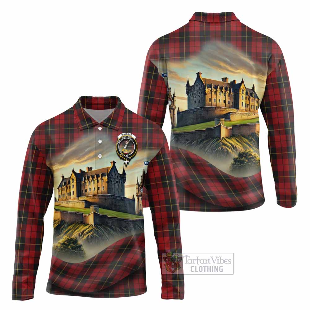 Tartan Vibes Clothing Wallace Tartan Family Crest Long Sleeve Polo Shirt with Scottish Ancient Castle Style