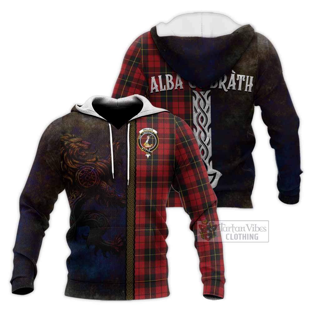 Tartan Vibes Clothing Wallace Tartan Family Crest Knitted Hoodie Alba Gu Brath Be Brave Lion Ancient Style