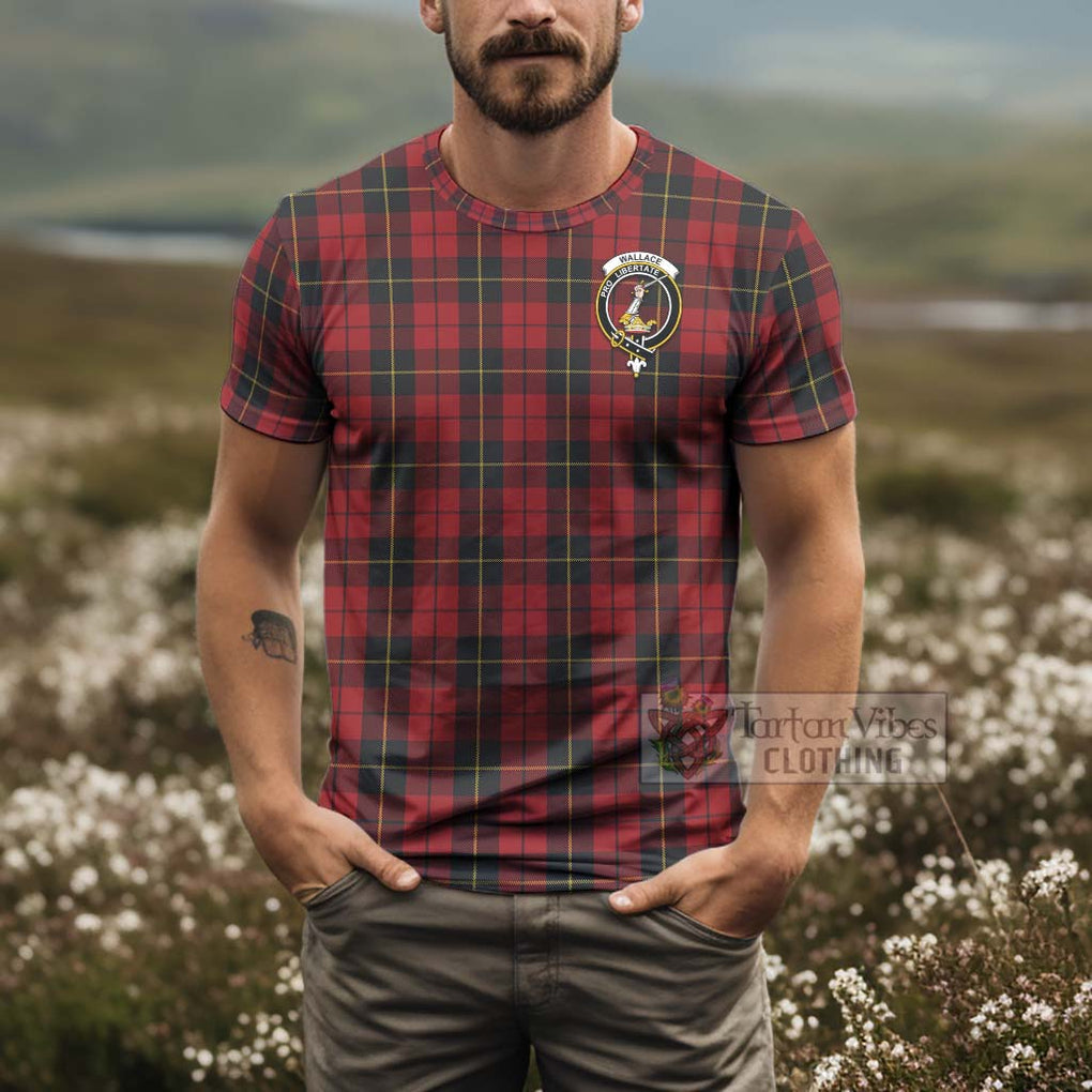Tartan Vibes Clothing Wallace Tartan T-Shirt with Family Crest and Bearded Skull Holding Bottles of Whiskey