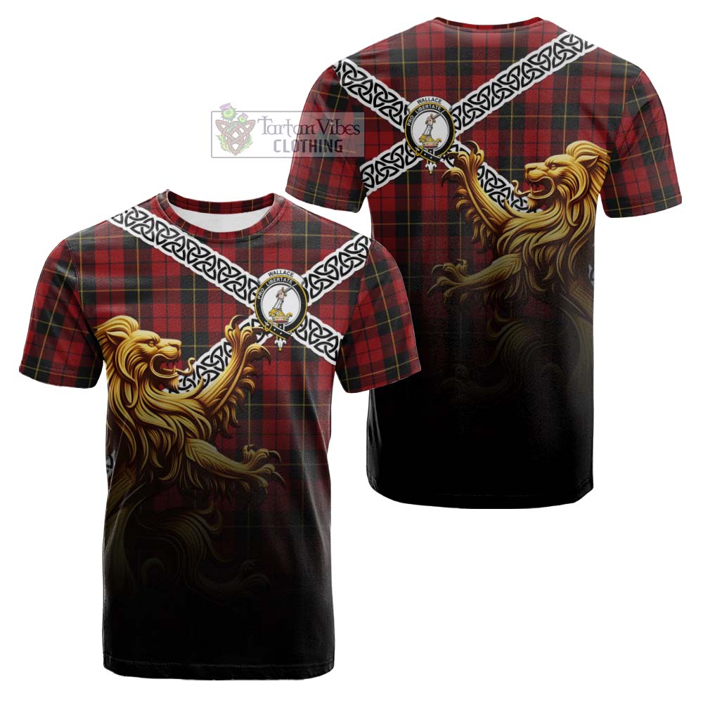 Tartan Vibes Clothing Wallace Crest Tartan Cotton T-shirt with Golden Lion Emblem Celtic Style
