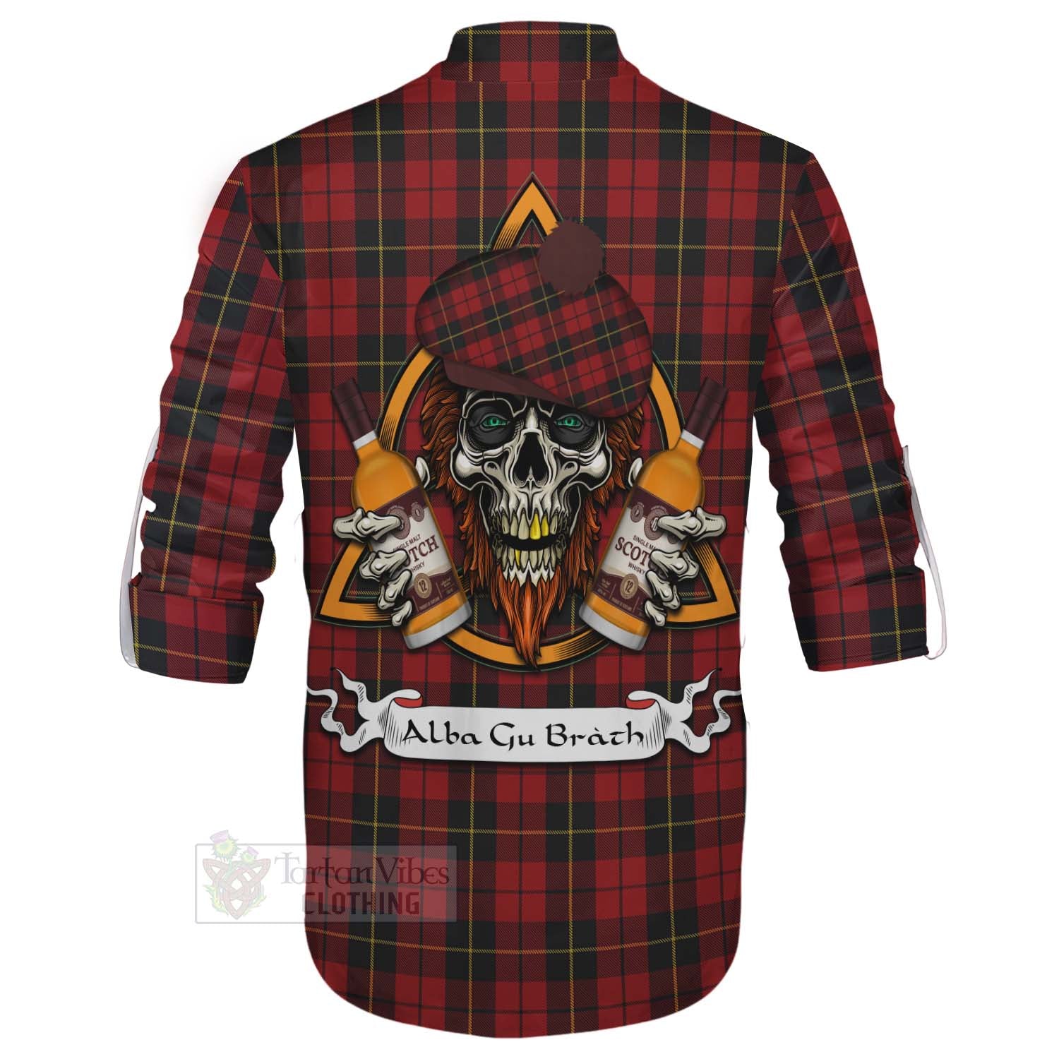 Tartan Vibes Clothing Wallace Tartan Ghillie Kilt Shirt with Family Crest and Bearded Skull Holding Bottles of Whiskey