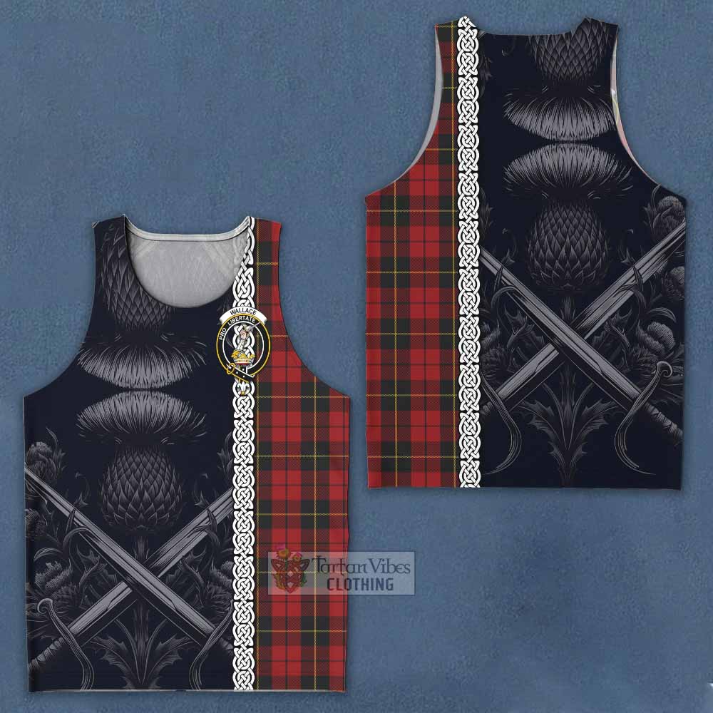 Tartan Vibes Clothing Wallace Tartan Men's Tank Top with Family Crest Cross Sword Thistle Celtic Vibes