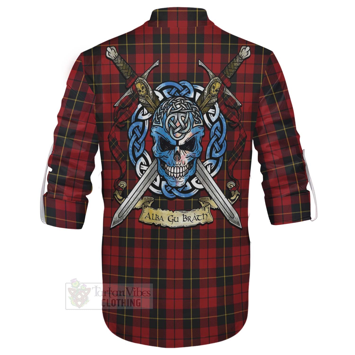 Tartan Vibes Clothing Wallace Tartan Ghillie Kilt Shirt with Family Crest Celtic Skull Style