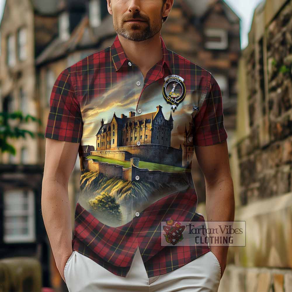 Tartan Vibes Clothing Wallace Tartan Family Crest Short Sleeve Button Shirt with Scottish Ancient Castle Style