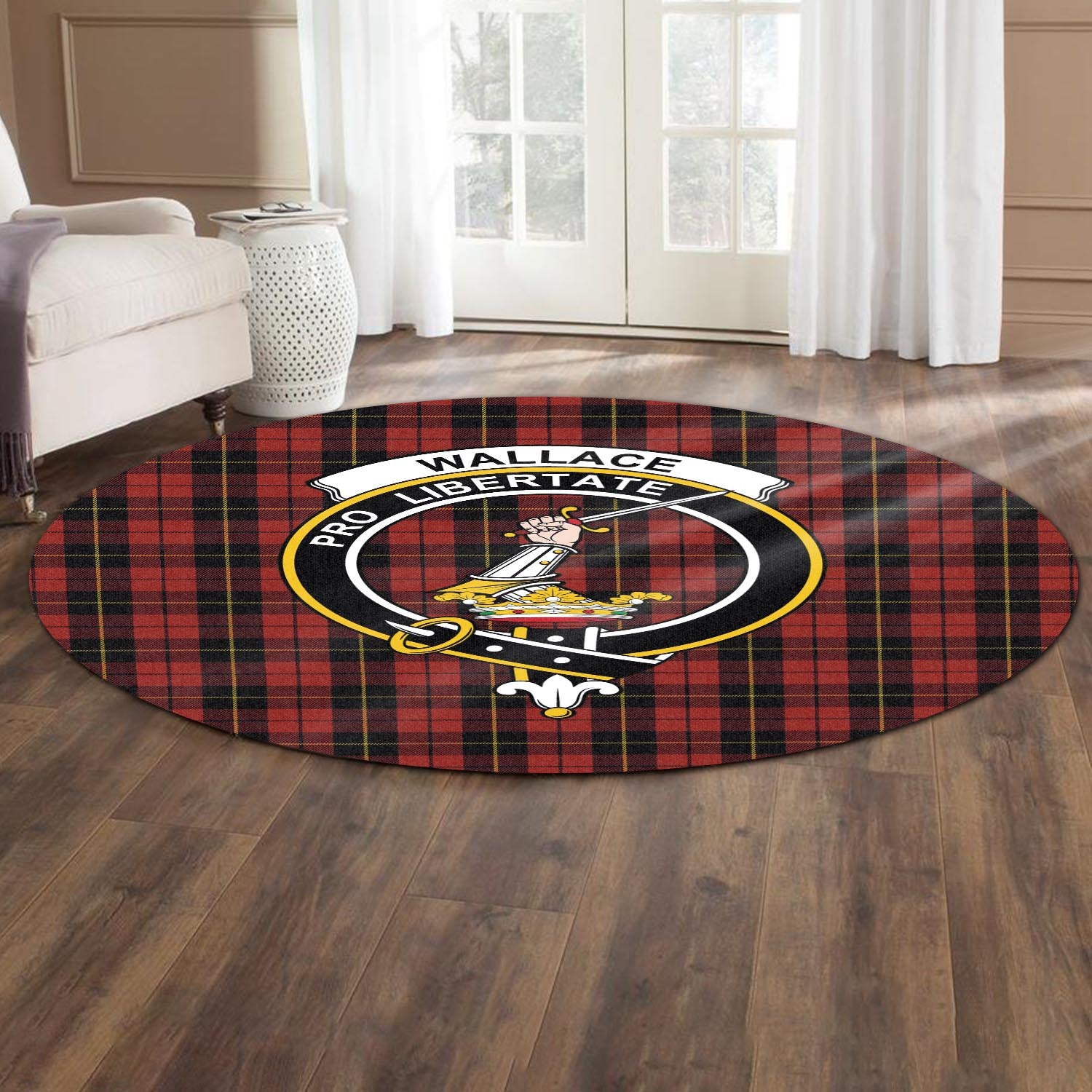 wallace-tartan-round-rug-with-family-crest