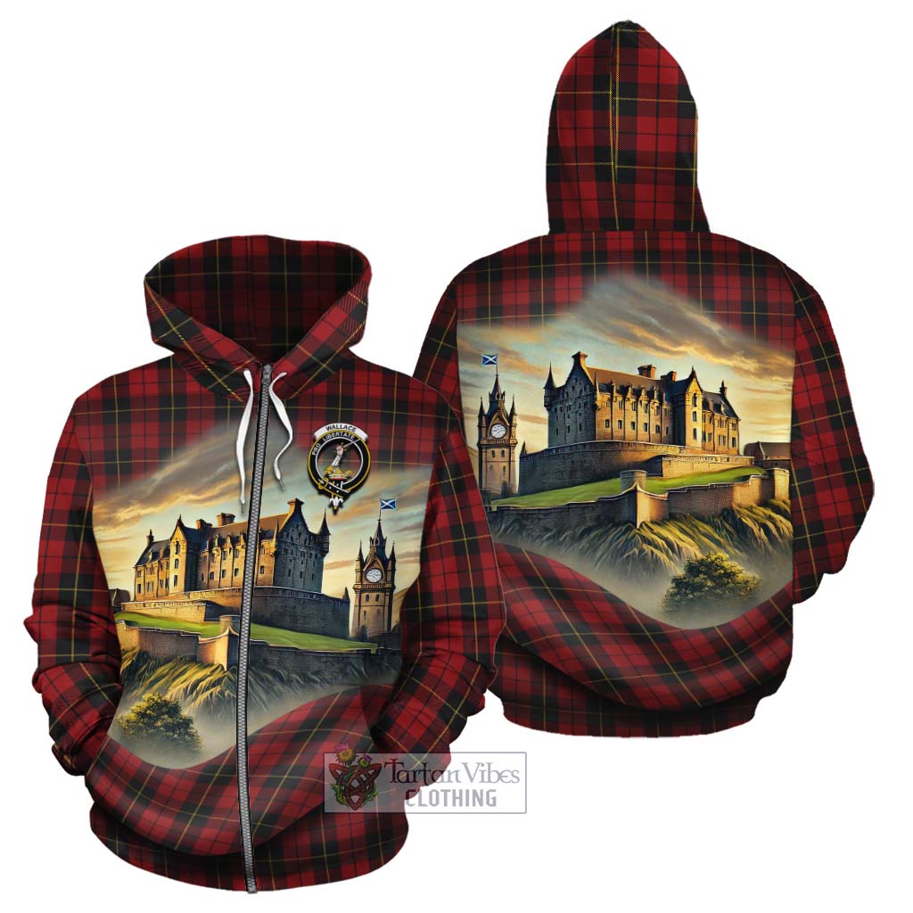 Tartan Vibes Clothing Wallace Tartan Family Crest Cotton Hoodie with Scottish Ancient Castle Style