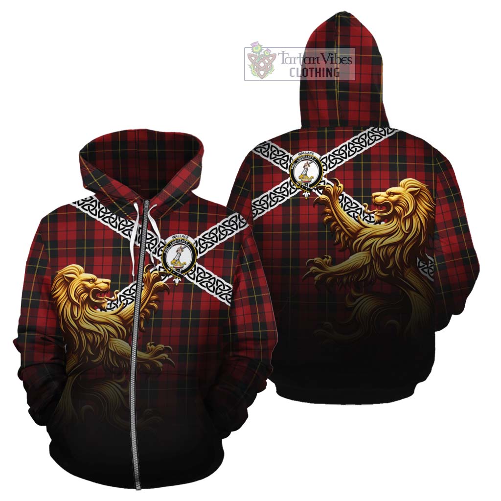 Tartan Vibes Clothing Wallace Crest Tartan Cotton Hoodie with Golden Lion Emblem Celtic Style