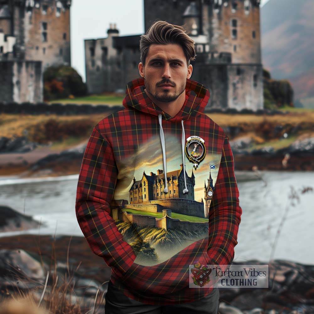 Tartan Vibes Clothing Wallace Tartan Family Crest Cotton Hoodie with Scottish Ancient Castle Style